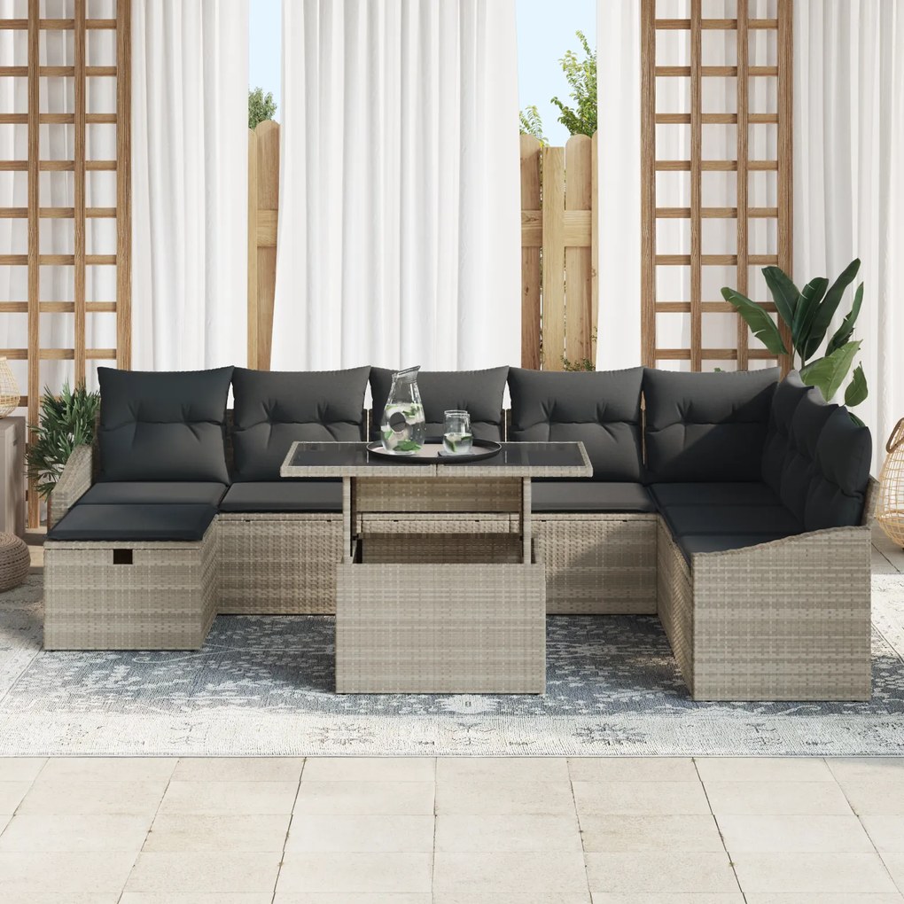 Conjunto de Sofá de 9 Peças para Jardim com Almofadas Cinza Claro de R