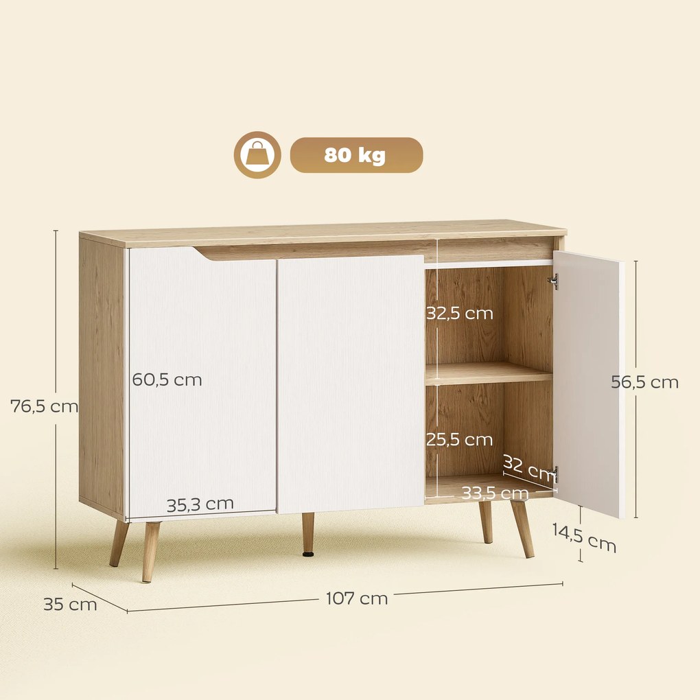 Aparador de Sala com 3 Portas Prateleiras Ajustáveis Pernas de Madeira para Cozinha Entrada 107x35x76,5 cm Carvalho e Branco