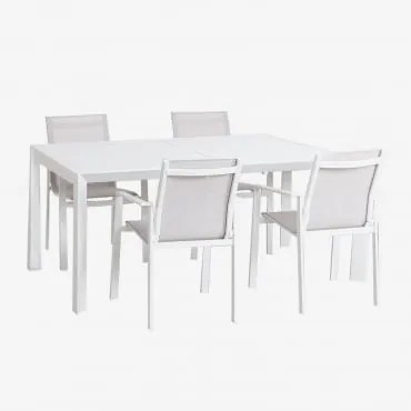 Conjunto De Mesa Extensível Retangular Starmi, 180-240x100 Cm, Feito De Alumínio E 4 Cadeiras De Jardim Eika. Gardénia Branco - Sklum