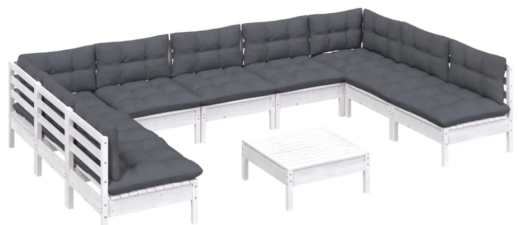 10 pcs conj. lounge de jardim c/ almofadões pinho maciço branco