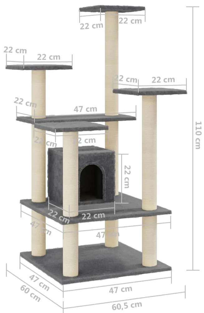 Árvore p/ gatos c/ postes arranhadores sisal 110cm cinza-escuro