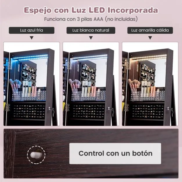 Armário para joias com fechadura 40 x 38 x 164 cm com Espelho de maquilhagem LED com 3 cores Prateleiras ajustáveis e rodas universais Castanho Escuro