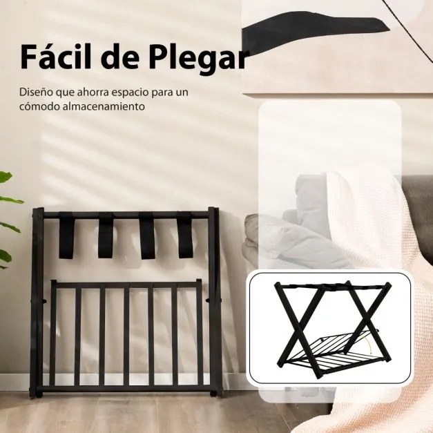 Estante dobrável de metal para bagagens até 60 kg com 4 correias estáveis e 2 pisos para casa e hotel 68 x 43 x 58 cm Preta