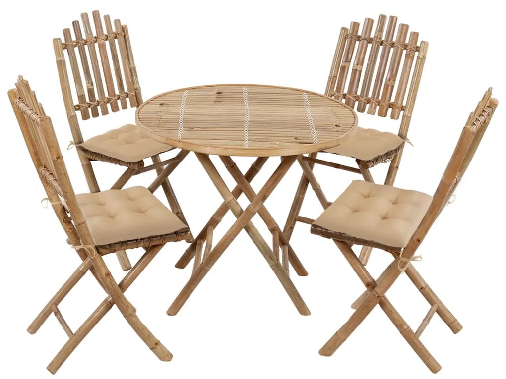 vidaXL 5 pcs conj. de jantar dobrável c/ almofadões p/ exterior bambu