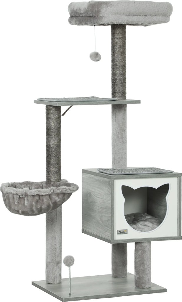 PawHut Arranhador para Gatos com Plataforma Rede Caverna Cama Postes de Sisal e Bolas de Brincar 48x40x126 cm Cinza | Aosom Portugal