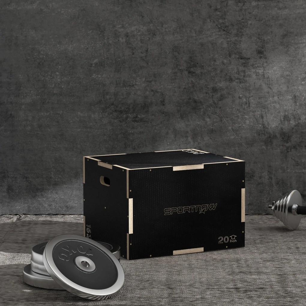 Caixa Pliométrica com 3 Alturas Diferentes para Treino de Força em Casa Ginásio CrossFit Carga 120 kg 61x51x41 cm Preto