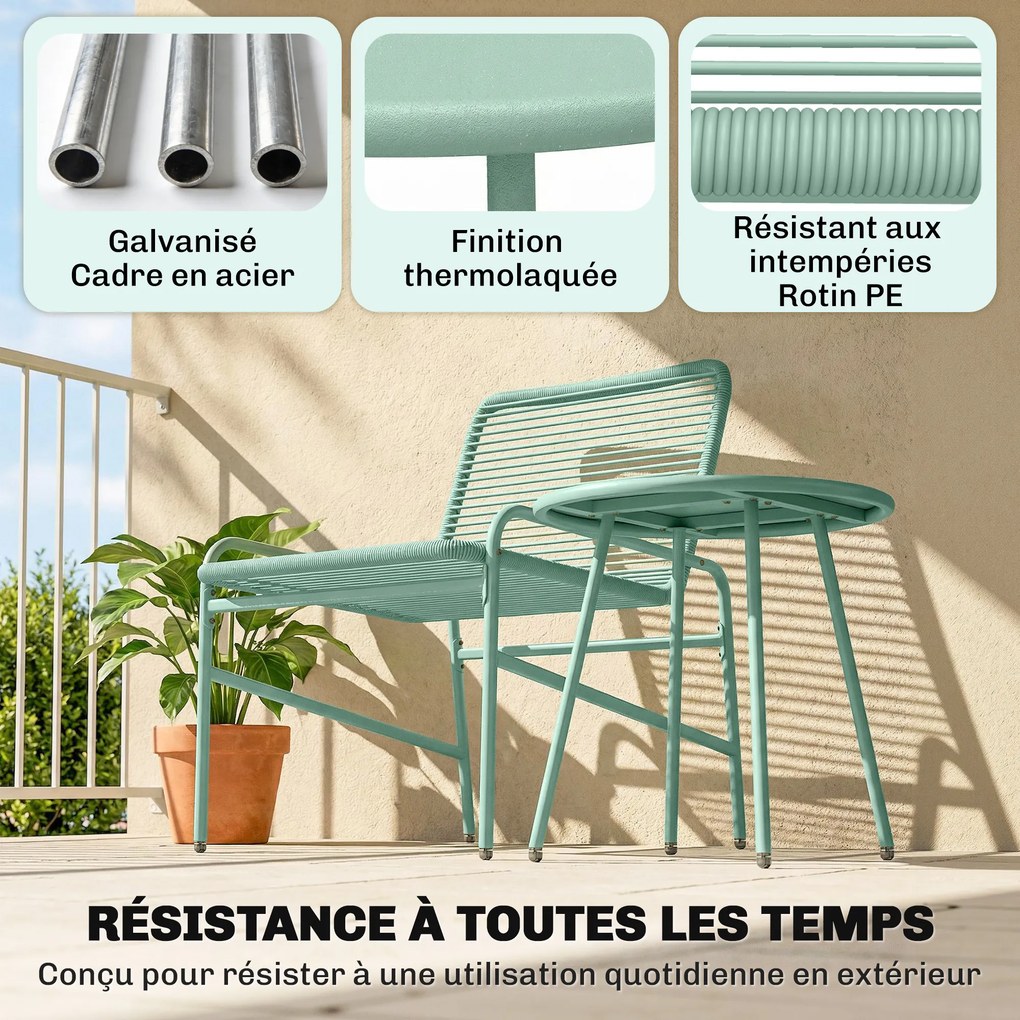 Conjunto de jardim de 3 peças para exterior em resina trançada e aço, mesa redonda de jardim com 2 cadeiras verde