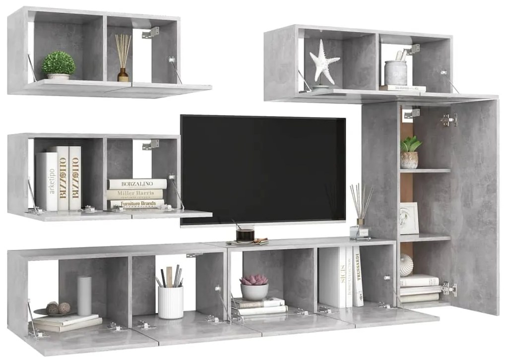 6 pcs conjunto de móveis de TV derivados madeira cinza cimento