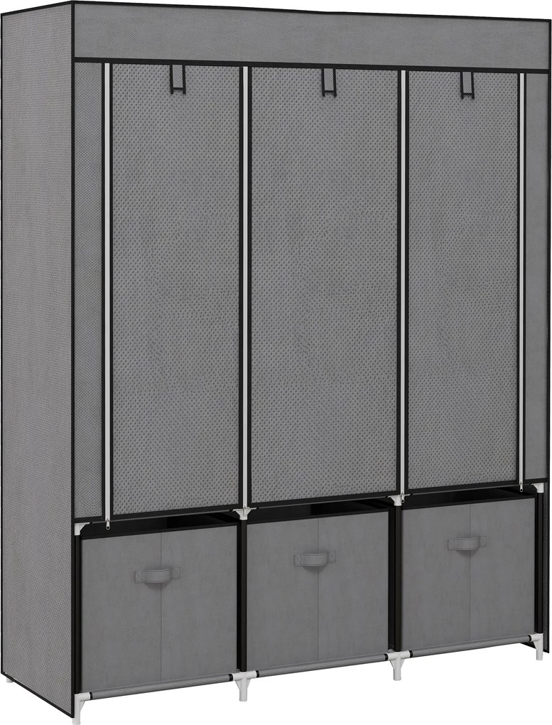 HOMCOM Roupeiro de Tecido com 2 Varões 5 Prateleiras 3 Gavetas Fecho de Correr Estrutura de Aço 125x43x162,5 cm Cinzento | Aosom Portugal