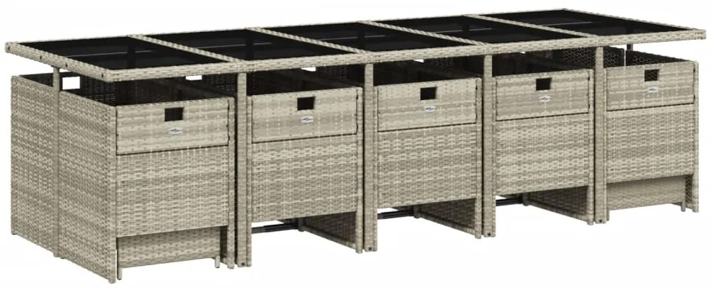 15 pcs conj. jantar jardim c/ almofadões vime PE cinzento-claro