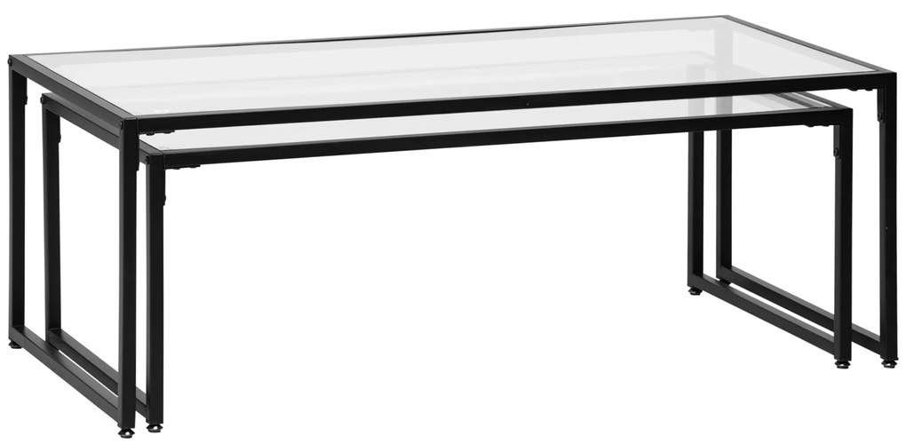 HOMCOM Conjunto de 2 Mesas de Centro Aninhadas Mesas de Sala Retangulares estilo em Aço Preto e Tampos em Vidro Temperado | Aosom Portugal