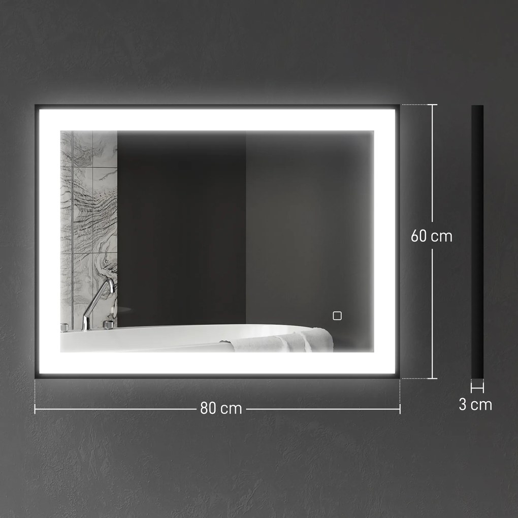 Espelho Casa de Banho com Luz LED 80x60 cm Iluminação Ajustável Função Anti-Embaciamento Função Memória Preto