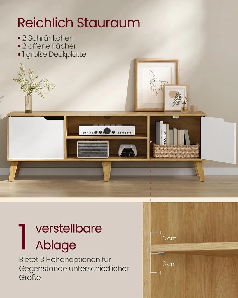 Armário para TV com prateleira ajustável em estilo transitório 147 x 39 x 50 cm Branco + Cor Natural