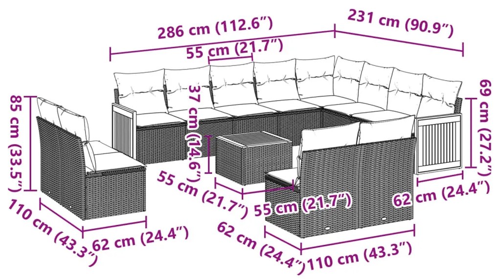 13 pcs conjunto de sofás p/ jardim com almofadões vime PE bege
