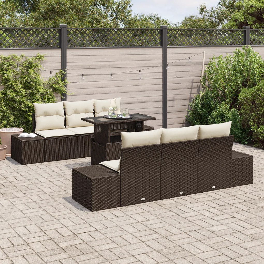 Conjunto de Sofá de Jardim de 7 Peças com Almofadas Castanho em Rattan