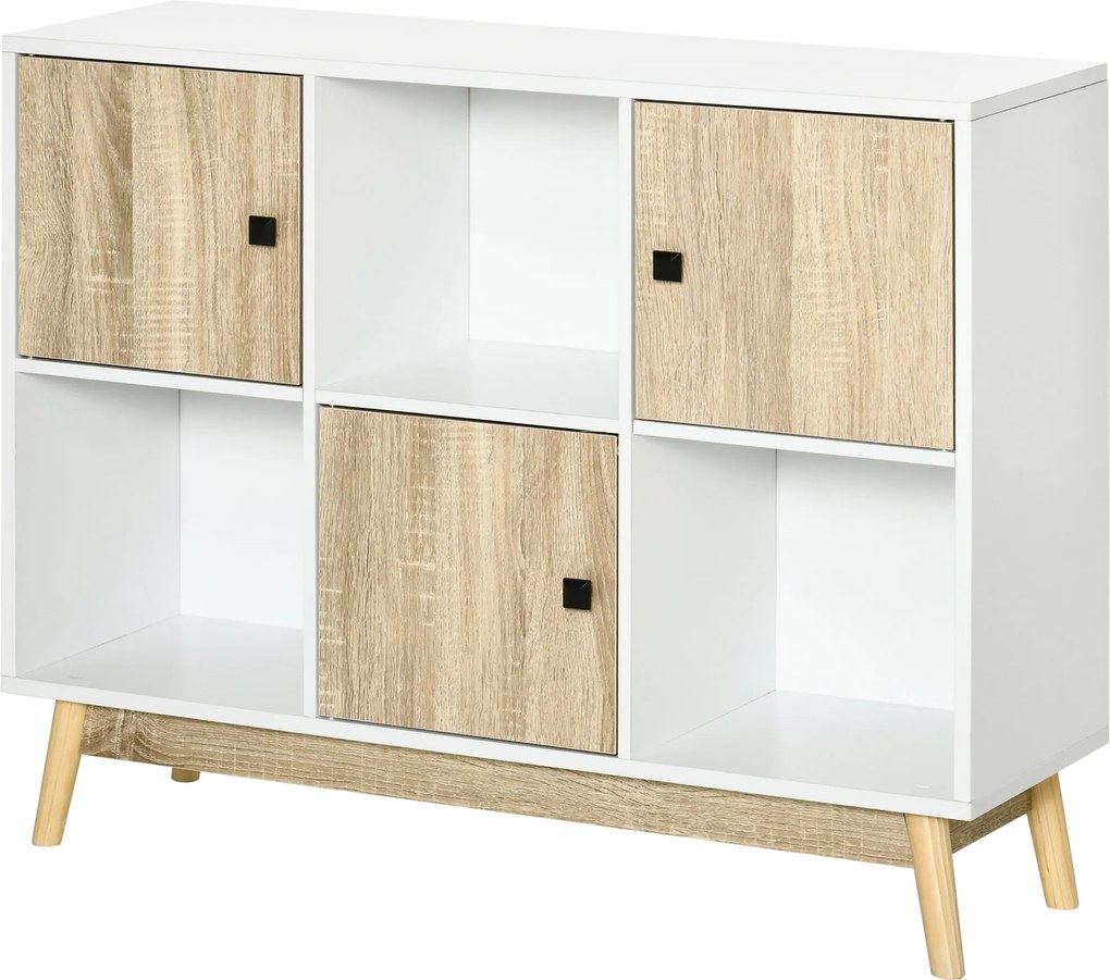 Móvel de arrumação com 9 cubos, 3 portas e 3 compartimentos abertos, pés em madeira de pinho 96 x 30 x 75 cm, branco e natural