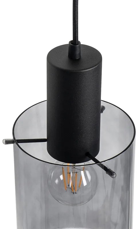 Candeeiro de suspensão preto com vidro fumê oblongo 3 luzes - Vidra