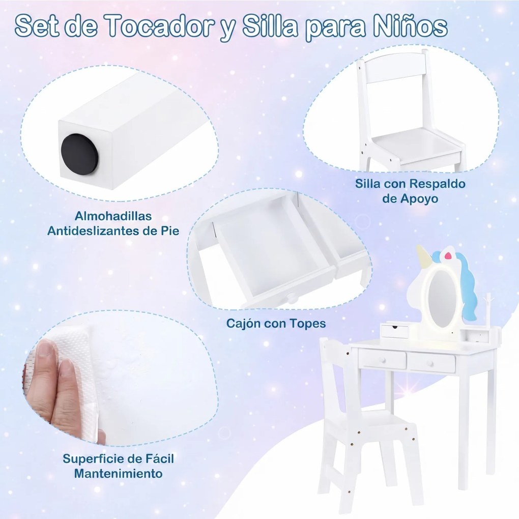 Toucador Infantil com Espelho de Unicórnio e Cadeira, 59 x 35 x 103,5 cm, Espelho LED Ajustável, Branco