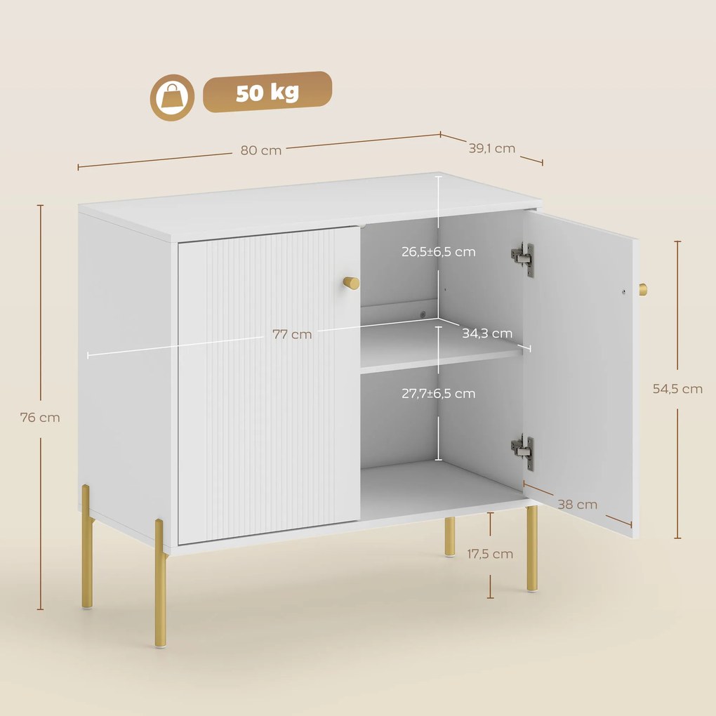 Aparador Moderno de 2 Portas Prateleiras Ajustáveis Bancada com Efeito Mármore e Pés de Aço 80x39,1x76 cm Branco