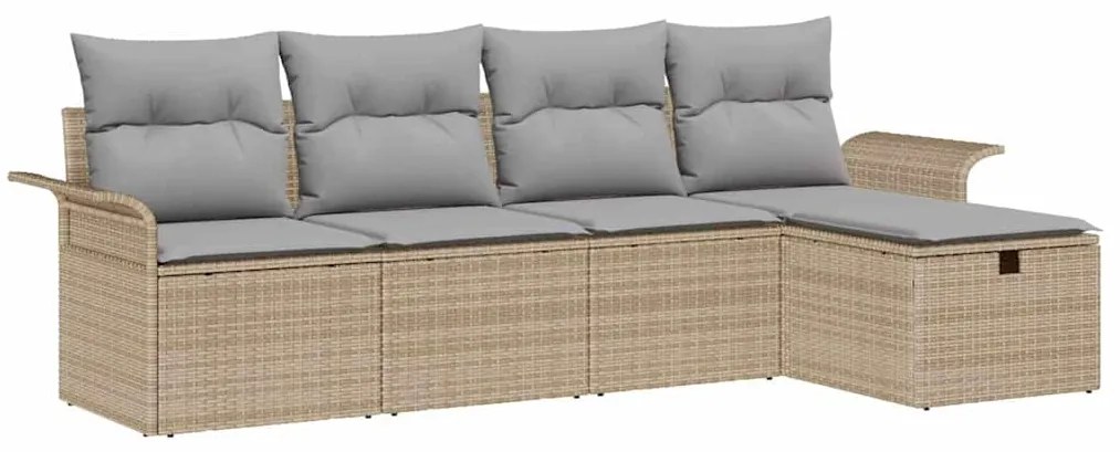 Conjunto de Sofá de Jardim de 5 Peças com Almofadas Bege Vime PE