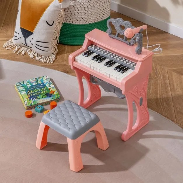 Piano de 25 teclas para crianças com atril e microfone Brinquedo educativo para aprendizagem precoce 3+ anos 45 x 17,5 x 32,5 cm Rosa