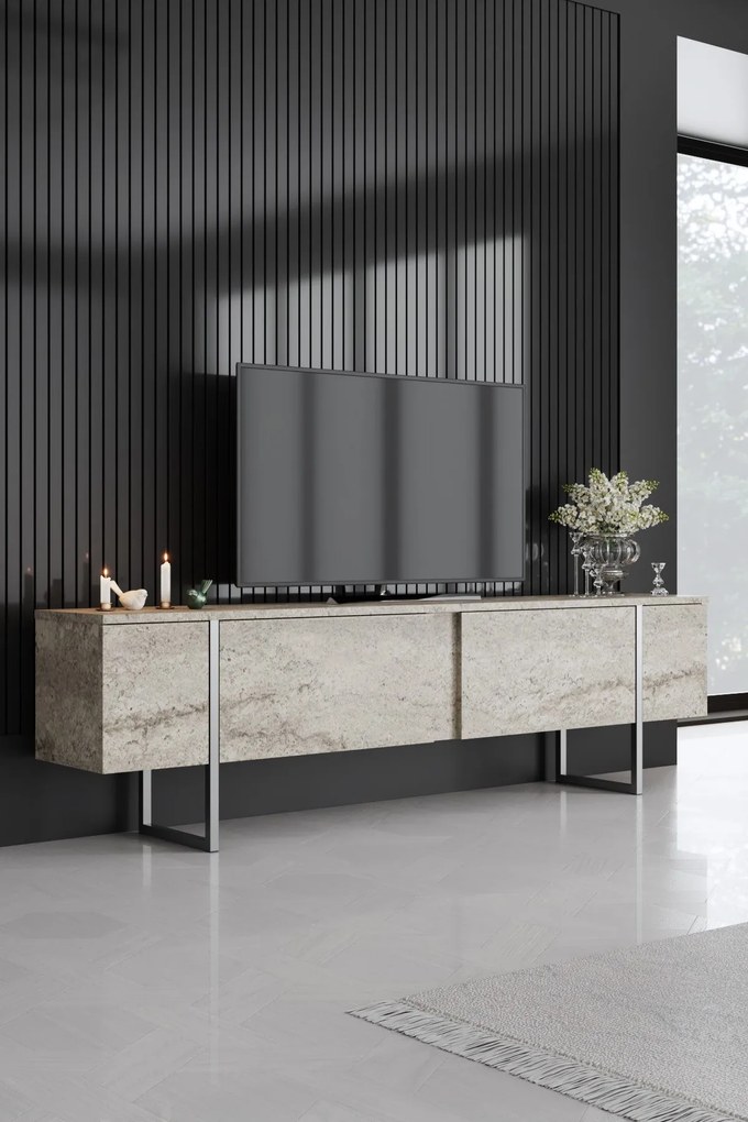 Móvel de TV "Madrid" - Travertino Mármore e Prata - 180x50x30cm - Desi