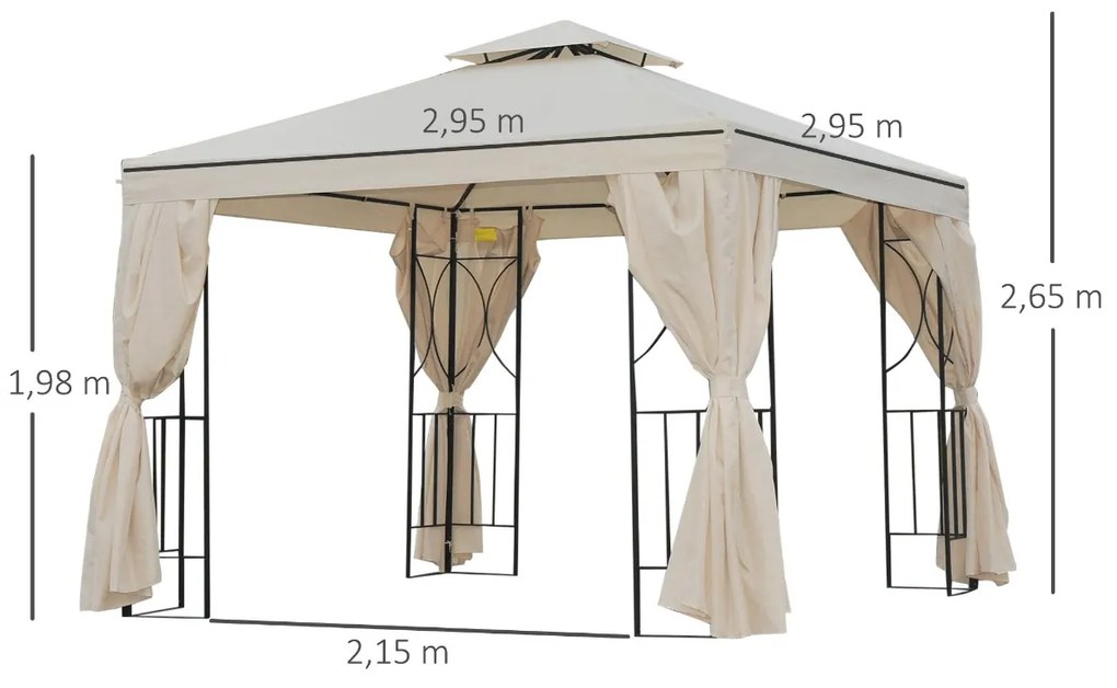 Gazebo de jardim Pavilhão de 3 x 3 m com 4 cortinas laterais removíveis com zíper, 8 orifícios de drenagem e telhado duplo bege