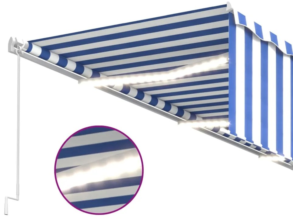 Toldo retrátil manual com estore/LED 6x3 m azul e branco