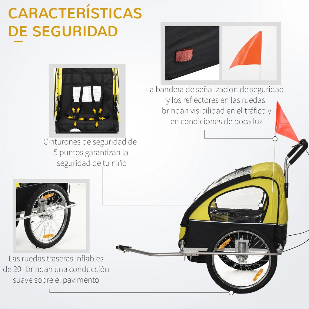HOMCOM Reboque de Bicicleta 2 EM 1 para crianças de 2 lugares com Amortecedores Convertível em carrinho com barra e kit de corrida 129x85x105cm Amarelo
