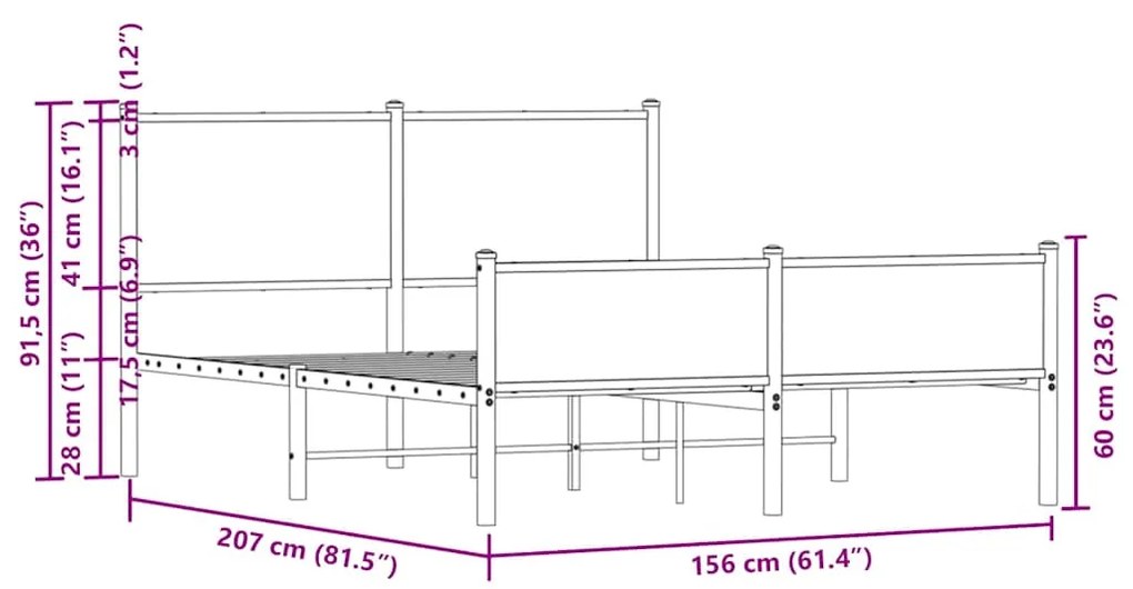 Estrutura de cama sem colchão 150x200cm metal carvalho sonoma