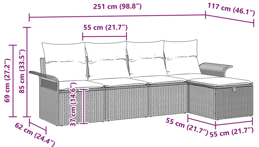 Conjunto de Sofá de Jardim de 5 Peças com Almofadas Bege Vime PE