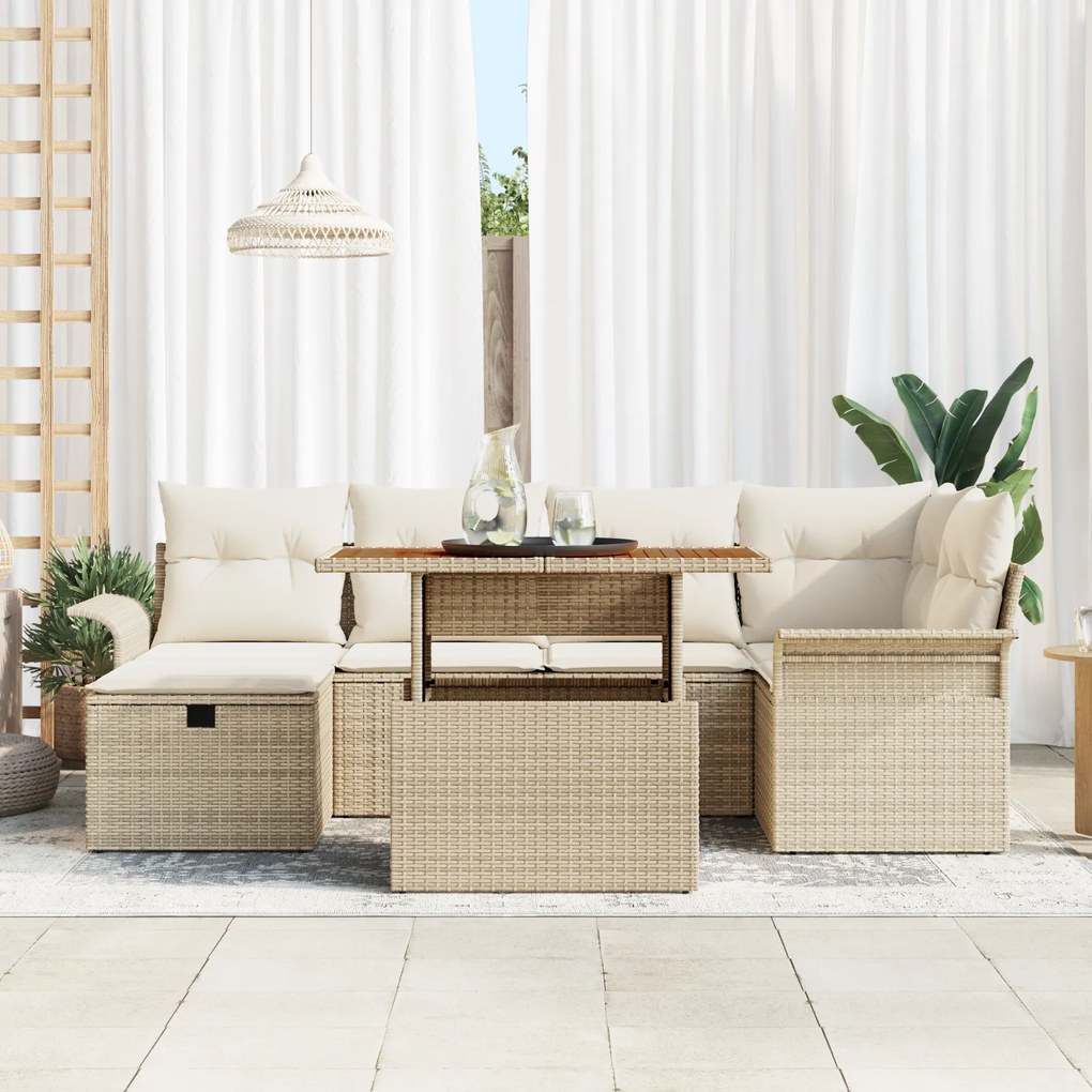 Conjunto de Sofá de Jardim de 7 Peças com Almofadas Bege de Rattan Sin