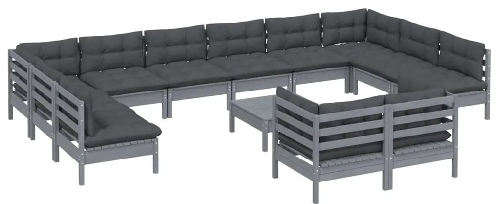 13 pcs conjunto lounge de jardim c/ almofadões pinho cinza