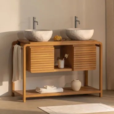 Conjunto De Móvel De Casa De Banho Em Madeira De Teca Bradley Sem Espelho & ↔︎ 120 Cm & 2 X Cinzento Escovado ↑30 Cm Com Válvula De Dren - Sklum