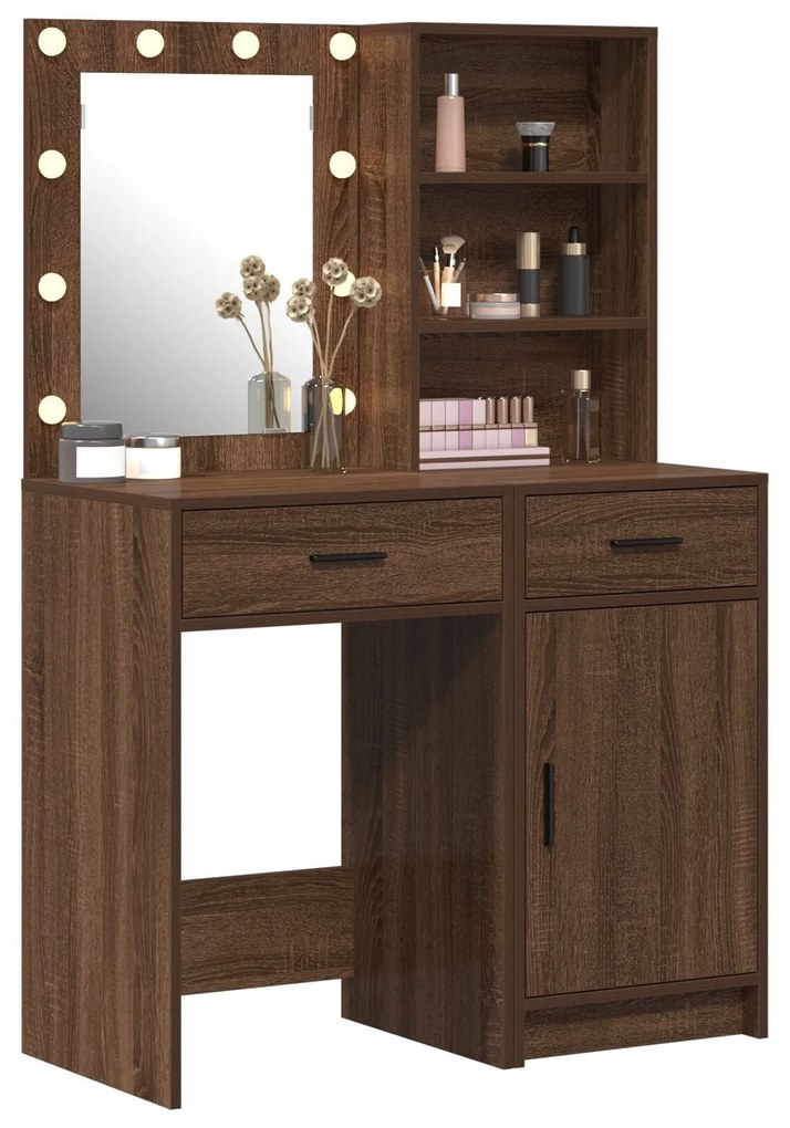 Conjunto de Mesa de Maquiagem 2 Peças com LED Madeira de Carvalho Pret