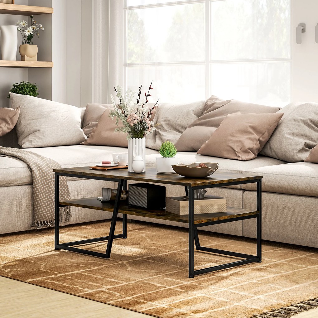 Mesa de centro retangular de estilo industrial com 1 tampo e 1 prateleira de arrumação em metal, 106 x 55 x 45 cm