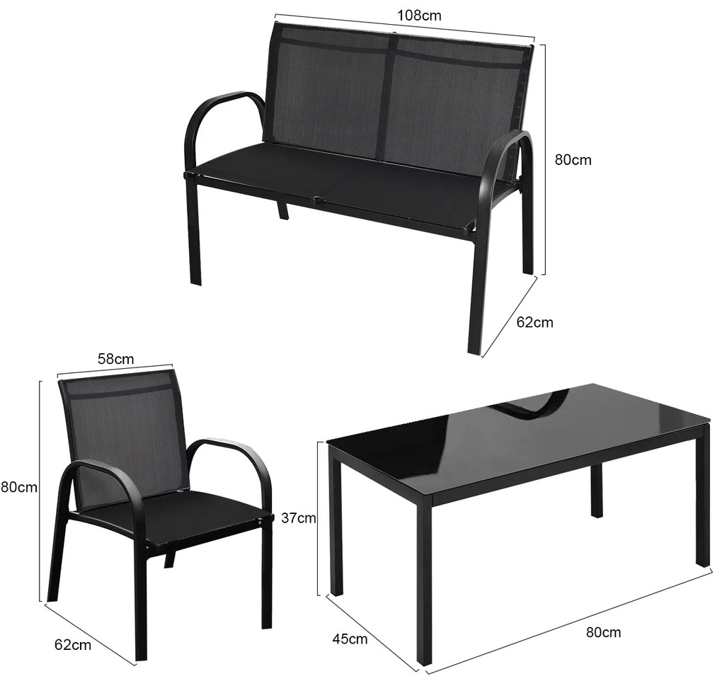 Conjunto Jardim de Mesa de Centro, 2 Cadeiras, Banco e Mesa de Centro de Jardim em Ferro e Malha para Terraço Exterior Preto