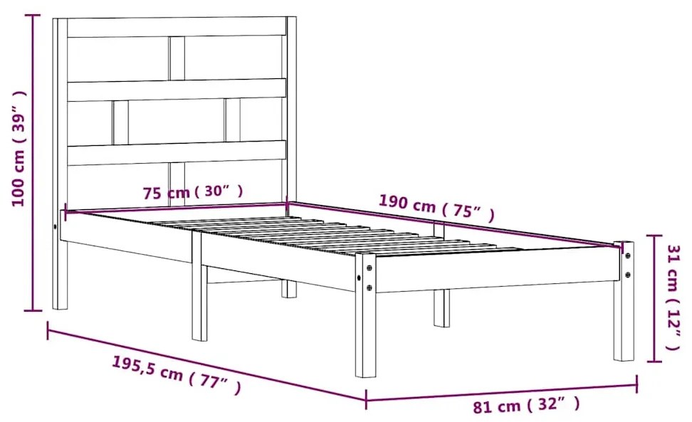 Estrutura de cama pequena solteiro 75x190 cm madeira maciça
