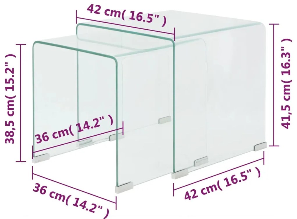Conjunto mesas de encastrar 2 pcs vidro temperado transparente