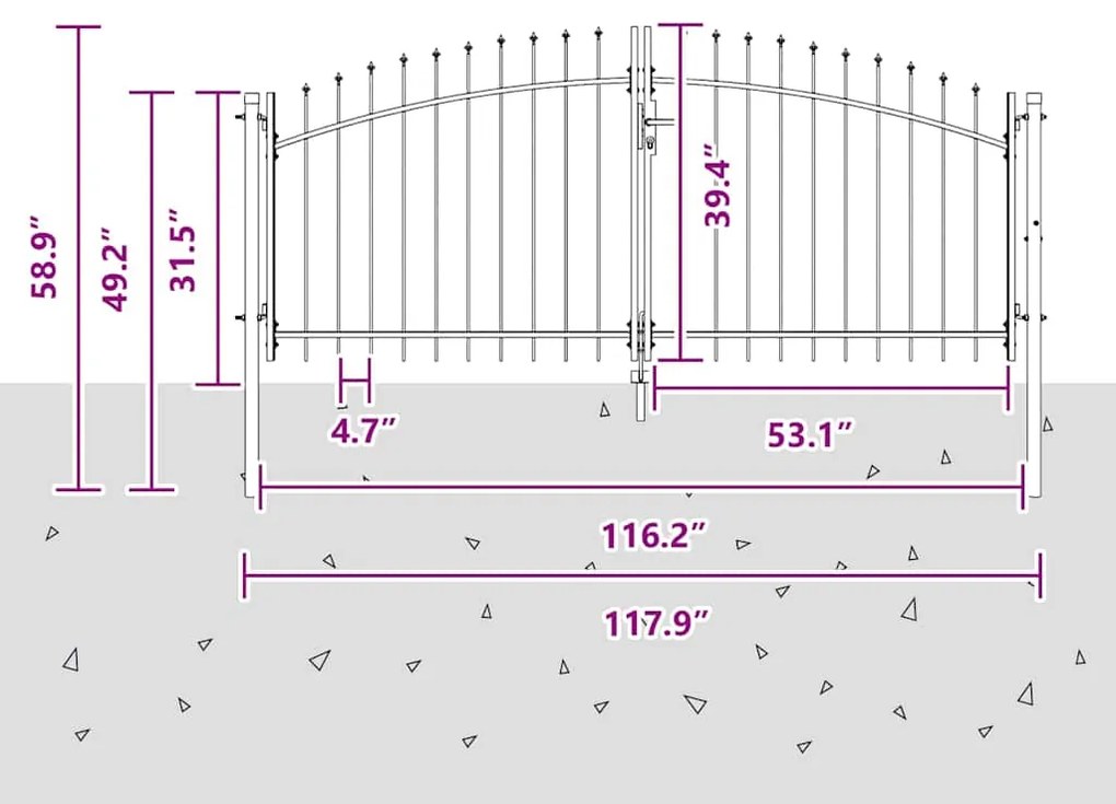 Portão de Jardim com Topo de Lança, Dupla Abertura, Cinza, 100x300 cm,