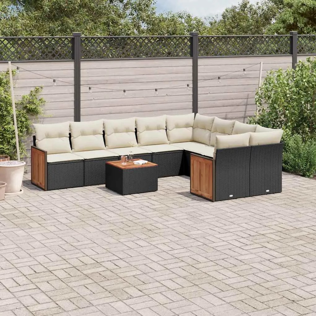 10 pcs conjunto sofás de jardim c/ almofadões vime PE preto