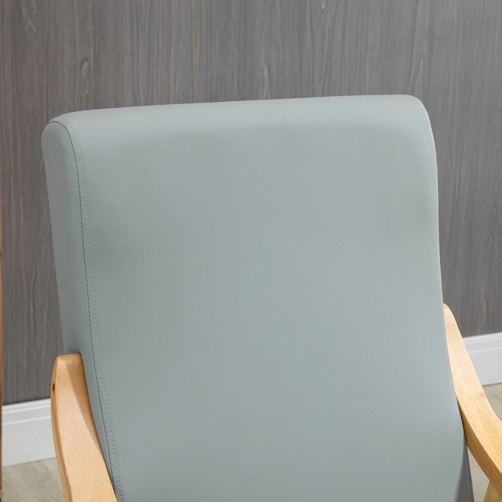 HOMCOM Poltrona de Estilo Nórdico com Encosto Alto Cadeira Sala de Jantar Estofada em PU com Apoio para os Braços e Estrutura de Madeira de Borracha para Escritório Sala de Estar Carga 150kg 62x75x115cm Cinza e Madeira