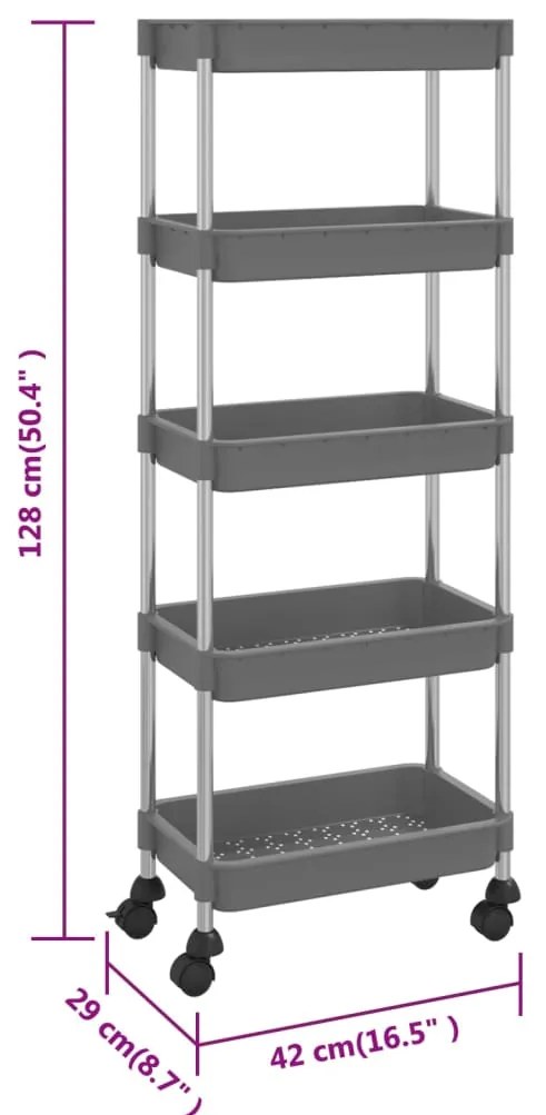 Carrinho cozinha c/ 5 prateleiras ferro/ABS 42x29x128 cm cinza