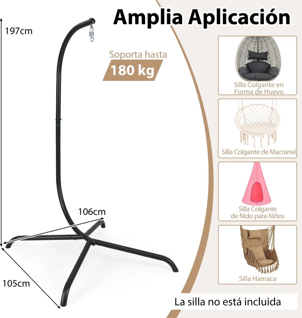 Suporte em forma de C para rede com rotação de 360° Gancho de mola para interiores e exteriores 106 x 105 x 197 cm Preto