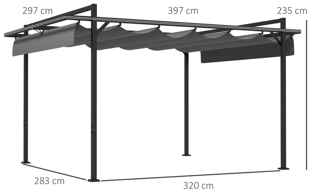 Pérgola 3x4 Pérgola de Jardim com Teto Retrátil de Poliéster e 12 Orifícios de Drenagem Cinza