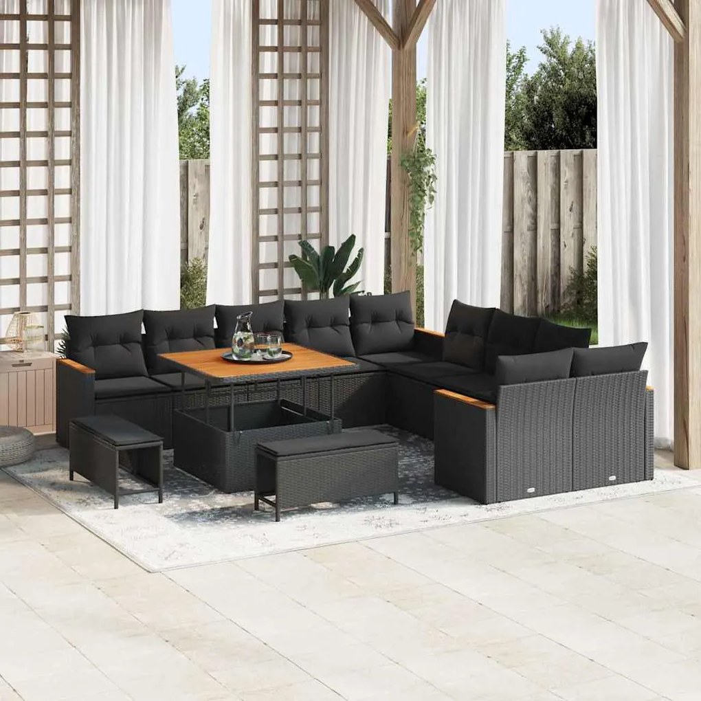 Conjunto de Sofá de Jardim vidaXL 13 Peças com Almofadas Preto Rattan Poliéster Acácia