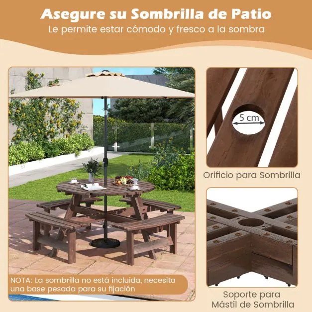Conjunto de mesa de Jardim ou piquenique redonda com 4 bancos para 8 pessoas com orifício para guarda-sol de 5 cm Castanho