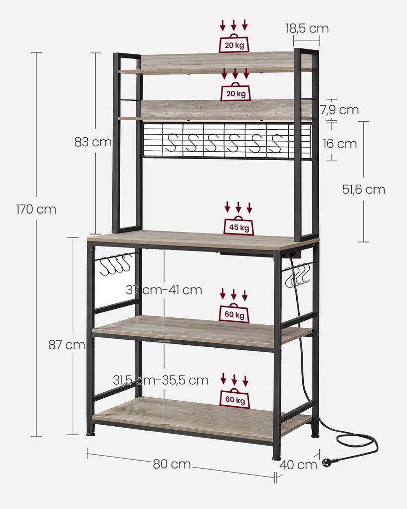 Armario de cozinha com tomadas 40 x 80 x 170 cm preto-greige