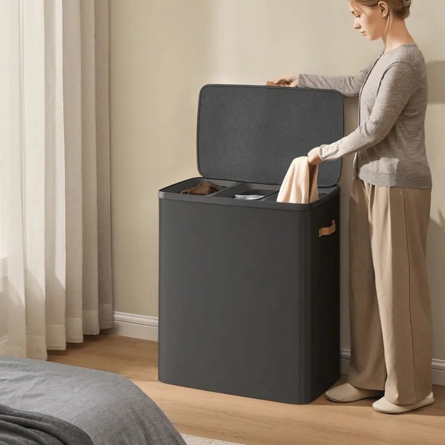 Cesto para roupa suja com 3 compartimentos, 190 l, 64 x 40 x 75 cm Preto