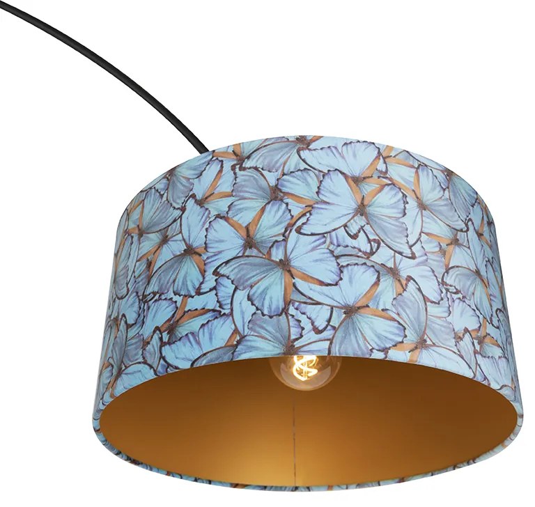 Candeeiro de Arco Preto com Abaajur de Veludo Desenho Borboleta Dourado 50 cm - XXL Moderno